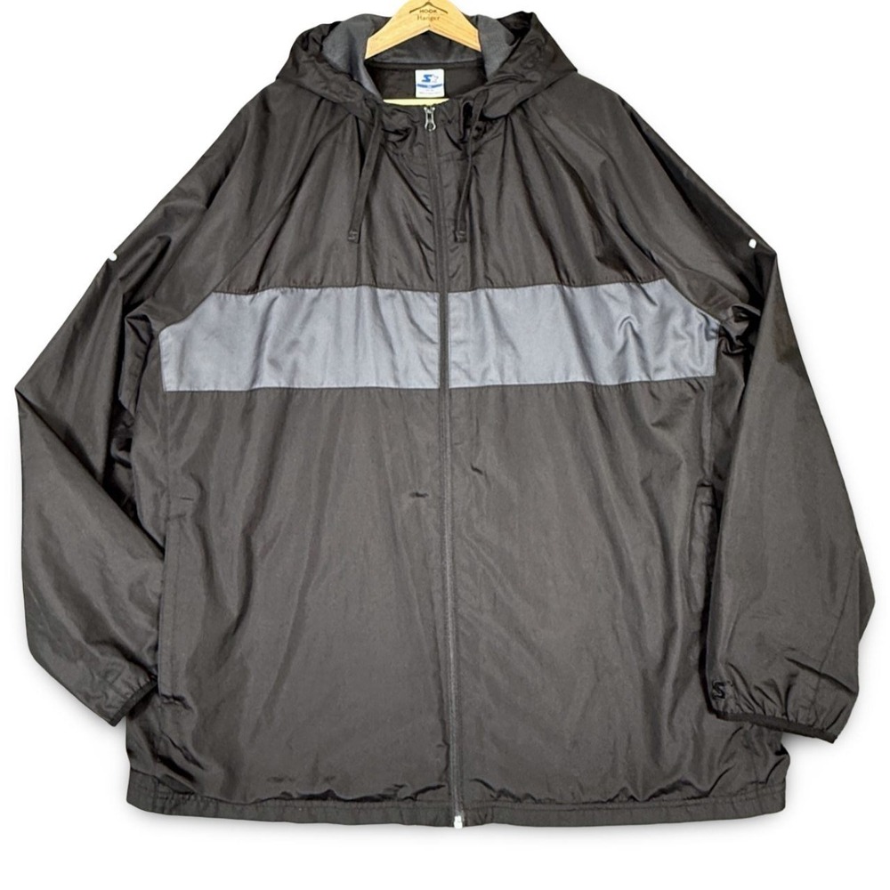 Vintage Starter Mens 3XL Windbreaker Jacket Black Gray Mesh Lined Hooded 90s Y2K